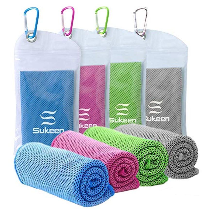 Product image showing different coloured cooling towels and their carrying cases