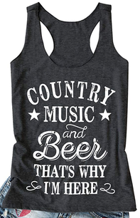 Women's grey tank top with the words country music and beer that's why I'm here