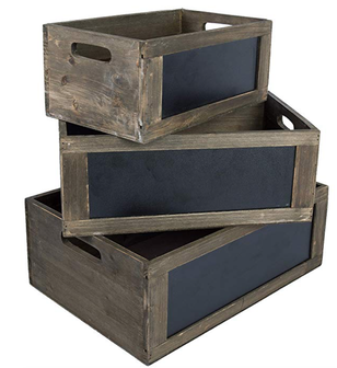 Three stacked rustic crates with chalkboard sides