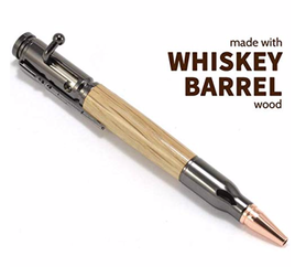 A pen that looks like a bullet and that is made with whiskey barrel wood