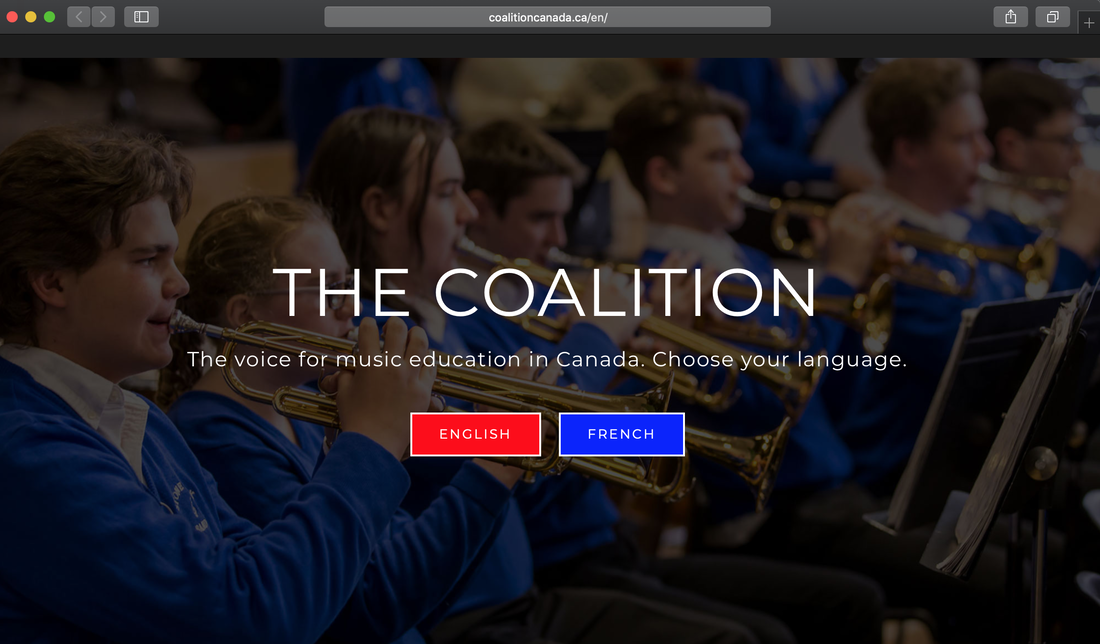 Homepage screenshot of The Coalition for Music Education website showing students in uniforms playing trumpets