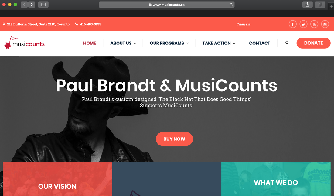 Homepage screenshot of Musicounts website showing Paul Brandt as an advocate